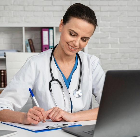 Médica preenchendo formulário numa prancheta