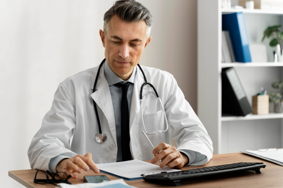 Médico em consultório analisando documentos para abertura de empresa em Brasília.